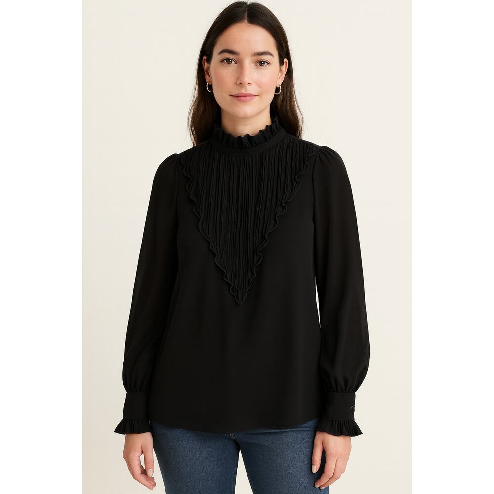 See By Chloé Pleated Mock Neck Long Sleeve Blouse Black Womens Size 34/2